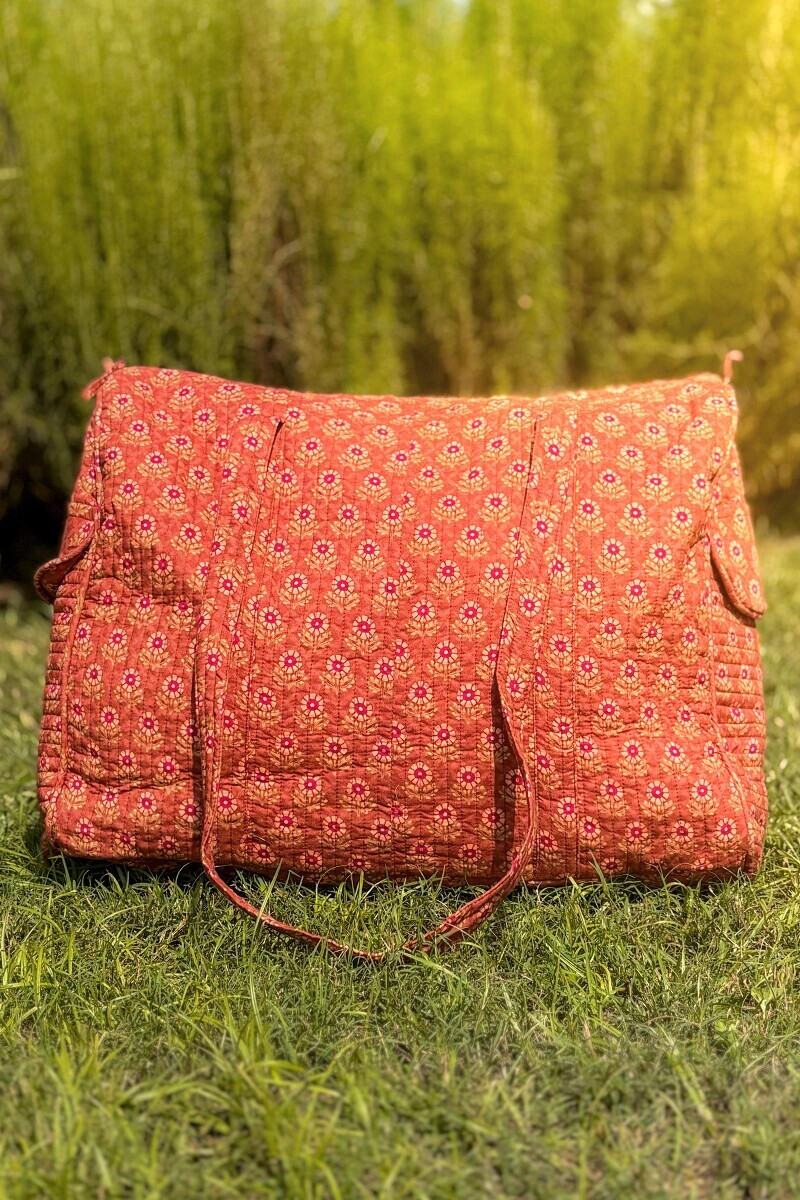 Brown Hand Block Printed Cotton Holdall Bag