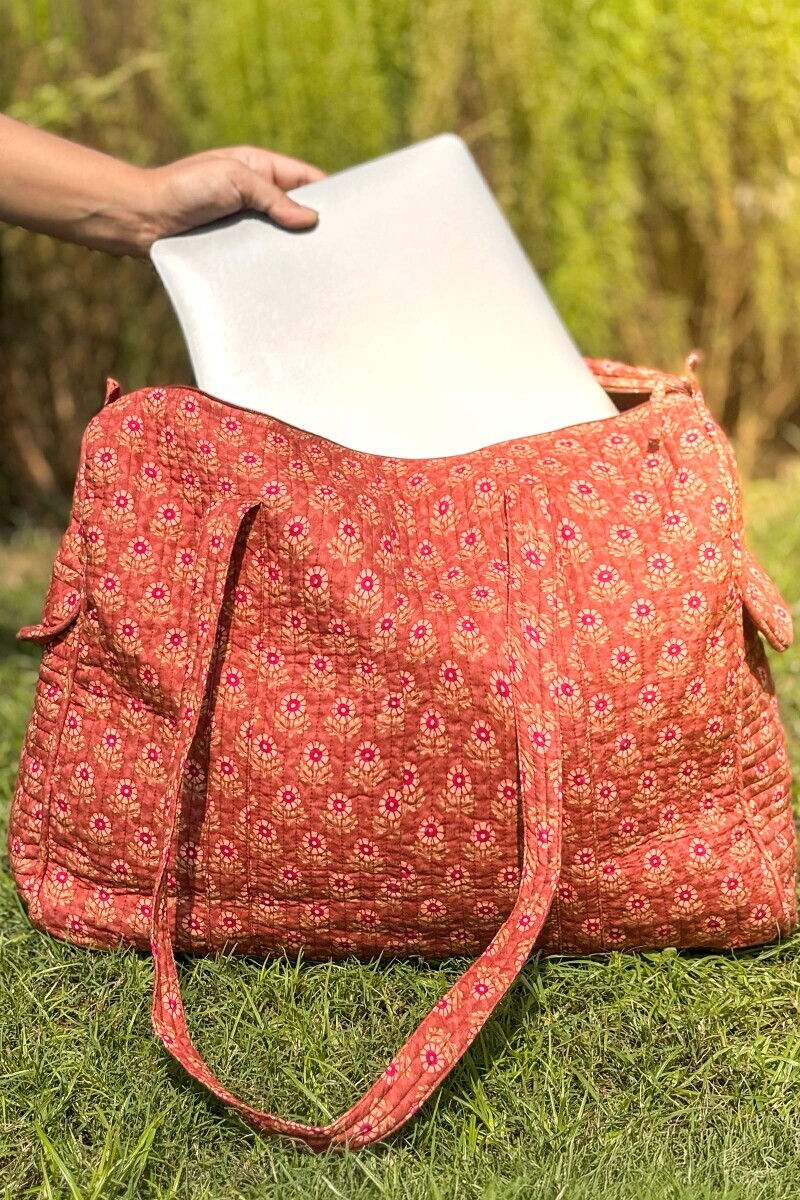 Brown Hand Block Printed Cotton Holdall Bag
