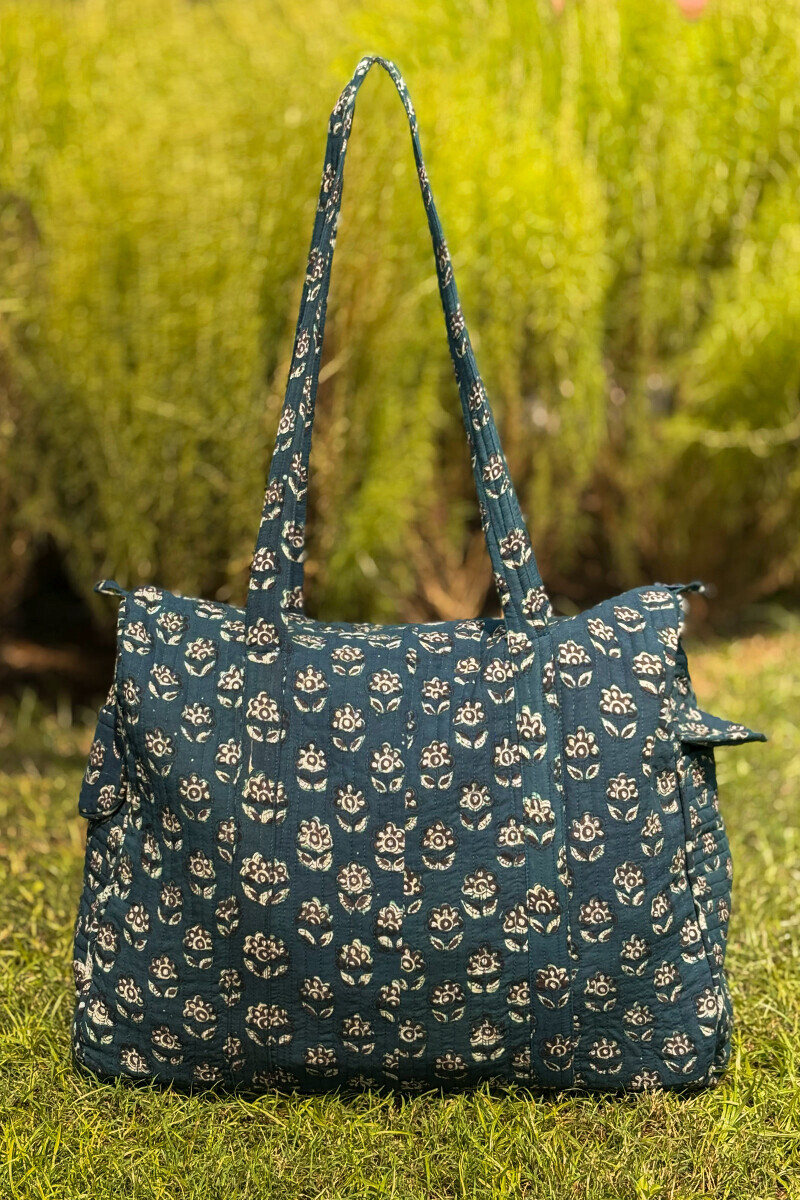 Green Hand Block Printed Cotton Holdall Bag