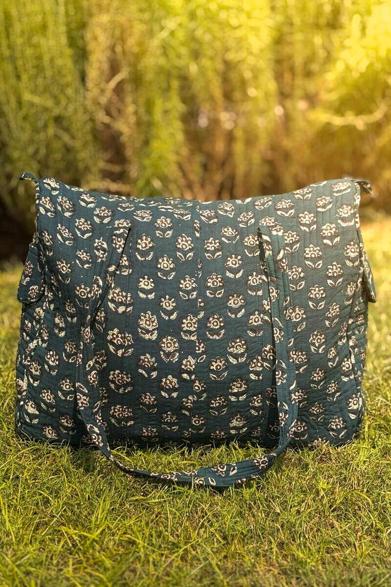 Green Hand Block Printed Cotton Holdall Bag