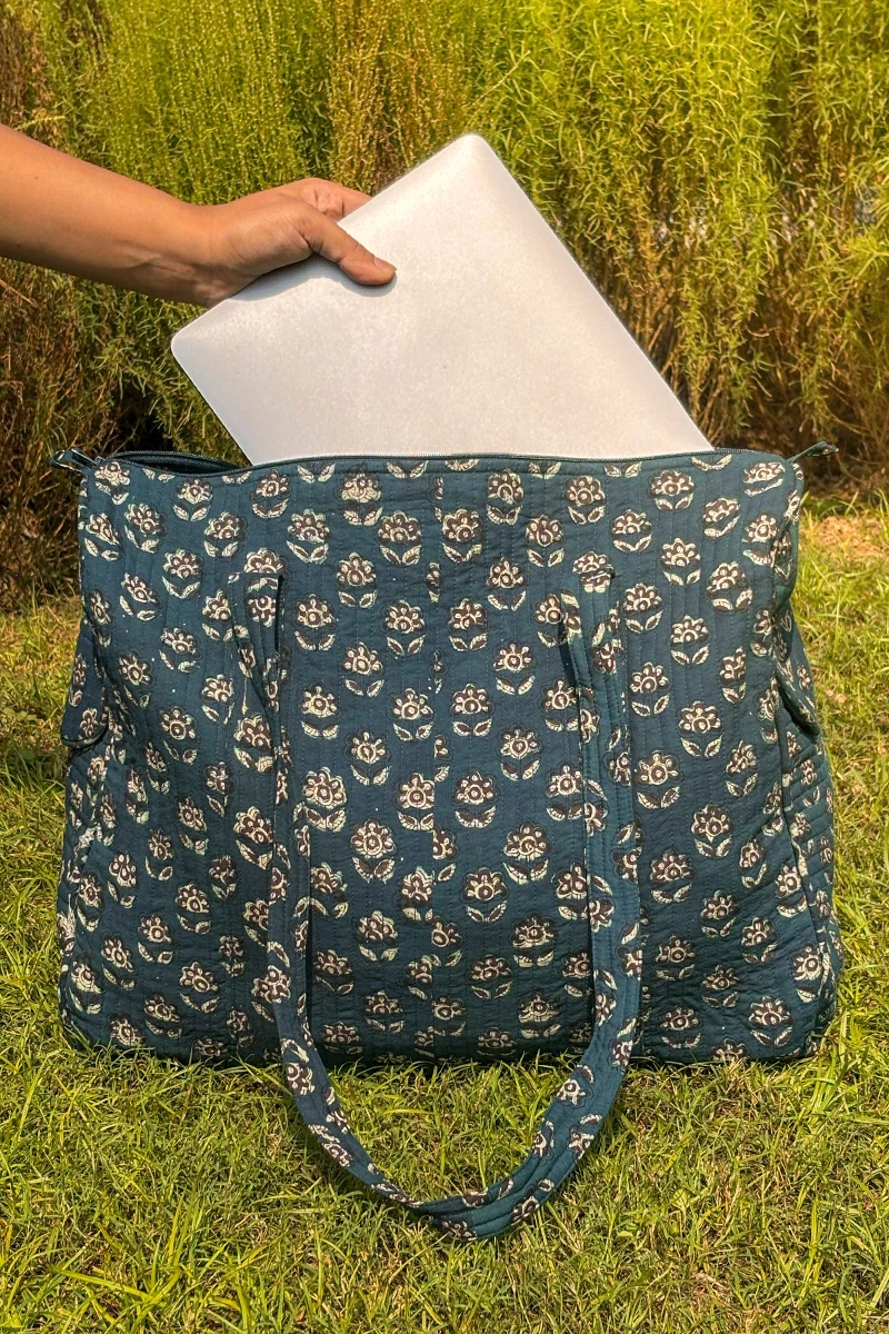 Green Hand Block Printed Cotton Holdall Bag