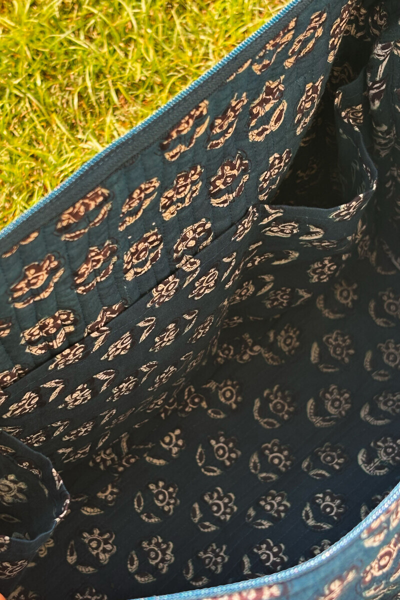 Green Hand Block Printed Cotton Holdall Bag