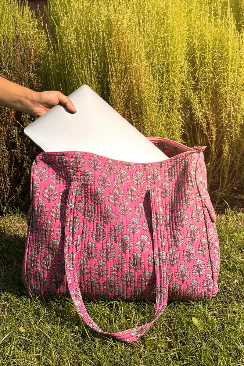 Pink Printed Cotton Holdall Bag