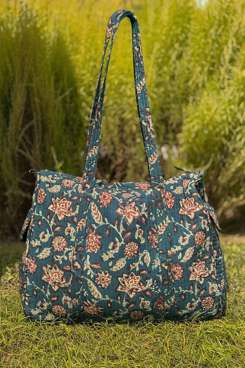 Green Hand-Block Printed Cotton Holdall Bag