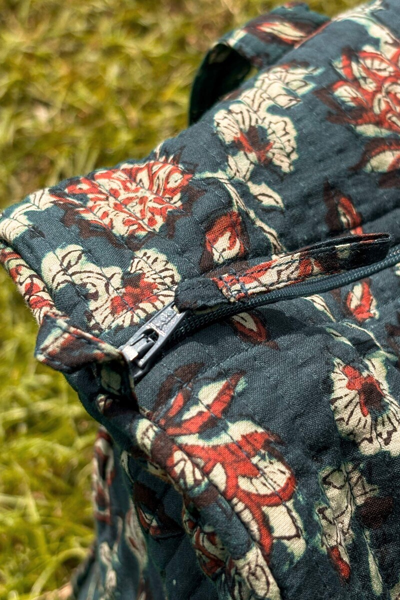 Green Hand-Block Printed Cotton Holdall Bag