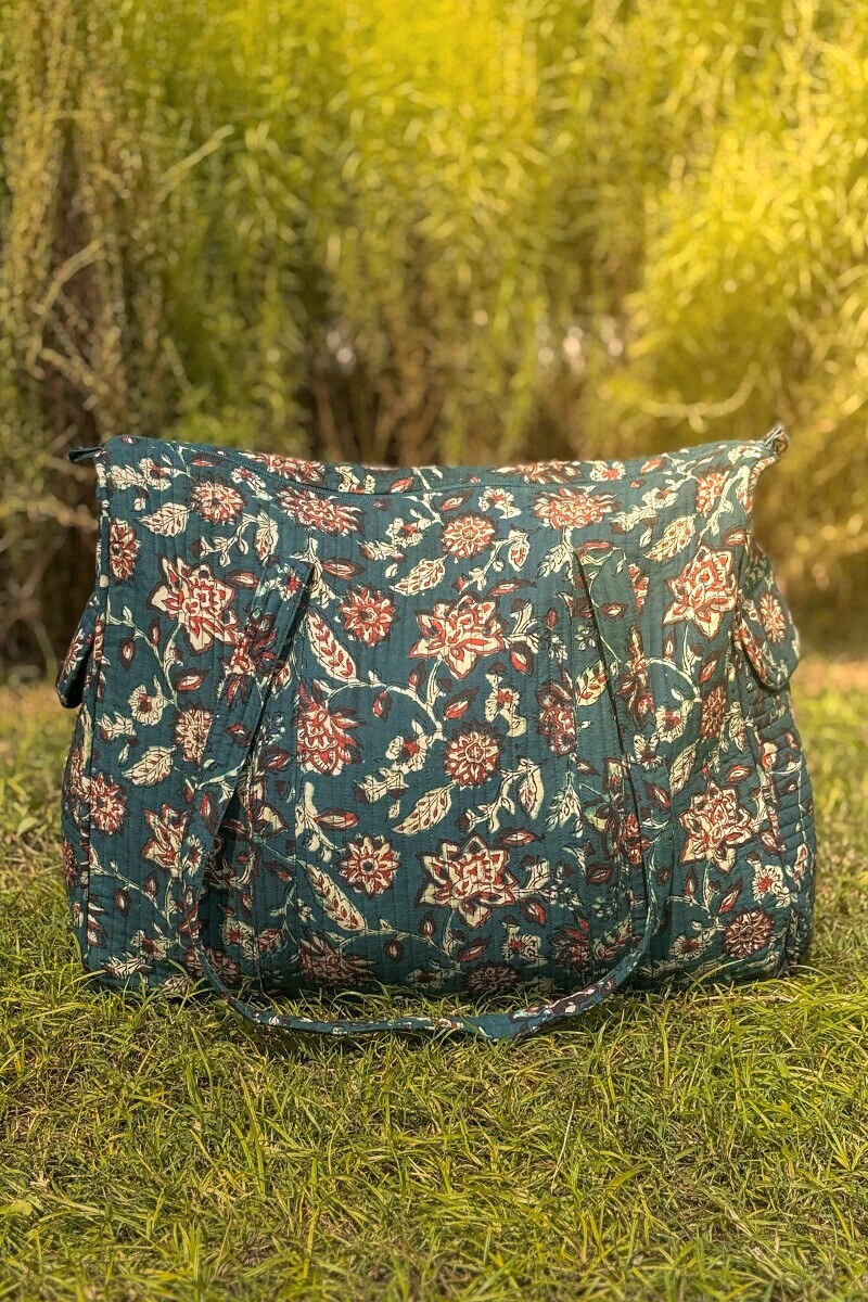Green Hand-Block Printed Cotton Holdall Bag