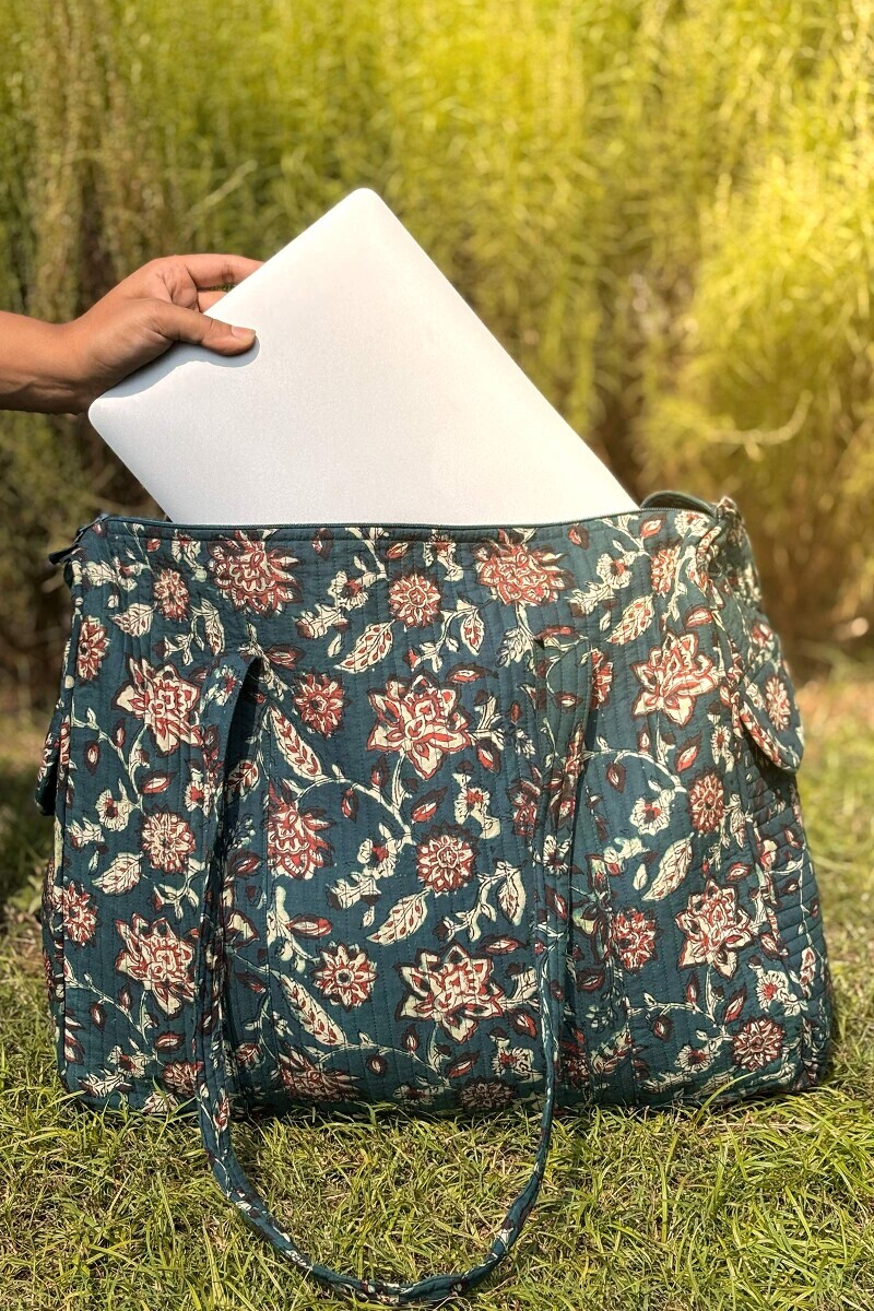 Green Hand-Block Printed Cotton Holdall Bag