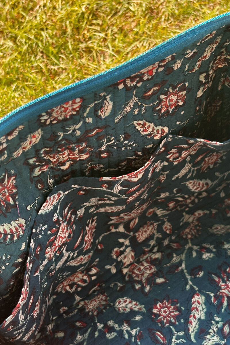 Green Hand-Block Printed Cotton Holdall Bag