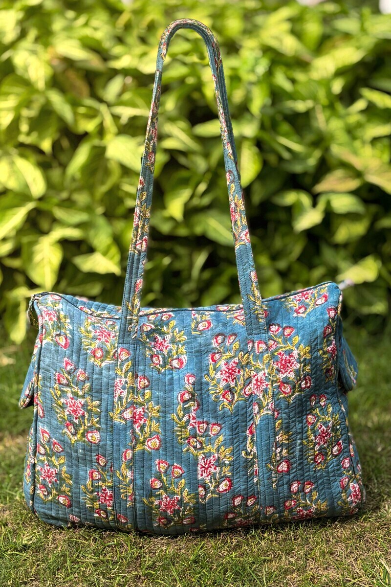 Blue Hand Block Printed Cotton Holdall Bag