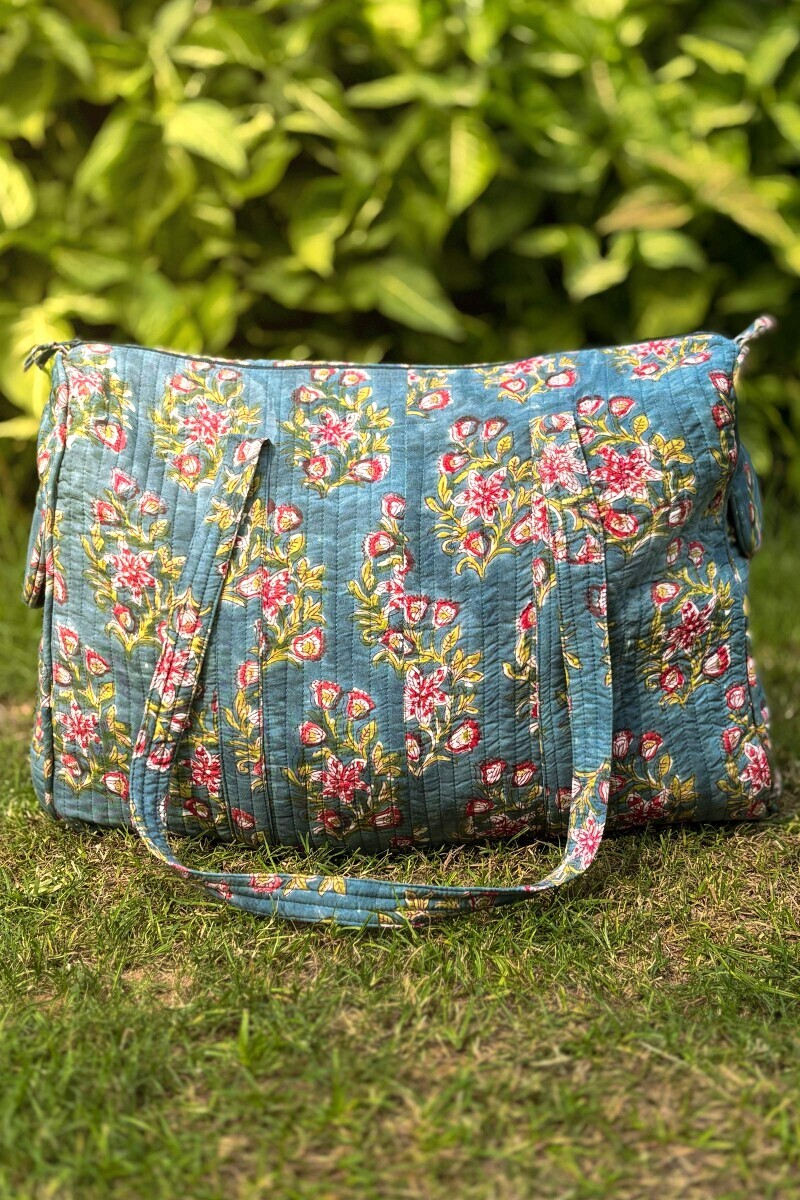 Blue Hand Block Printed Cotton Holdall Bag