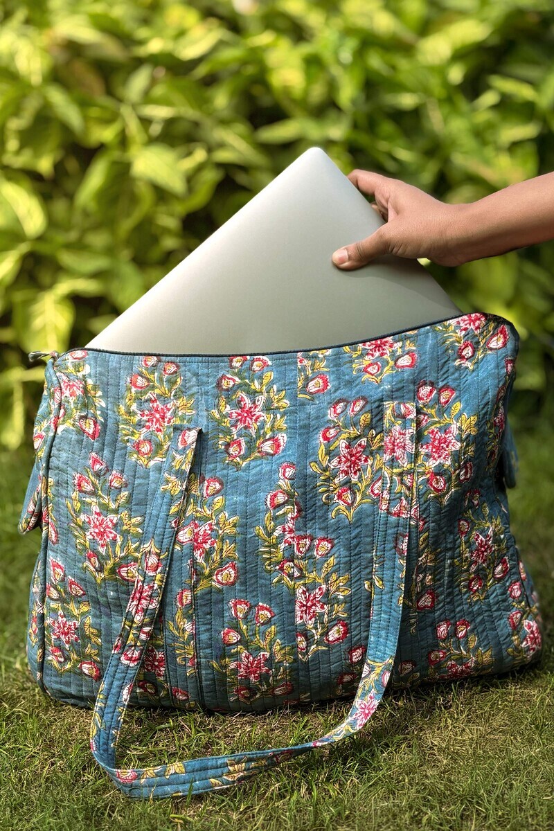 Blue Hand Block Printed Cotton Holdall Bag