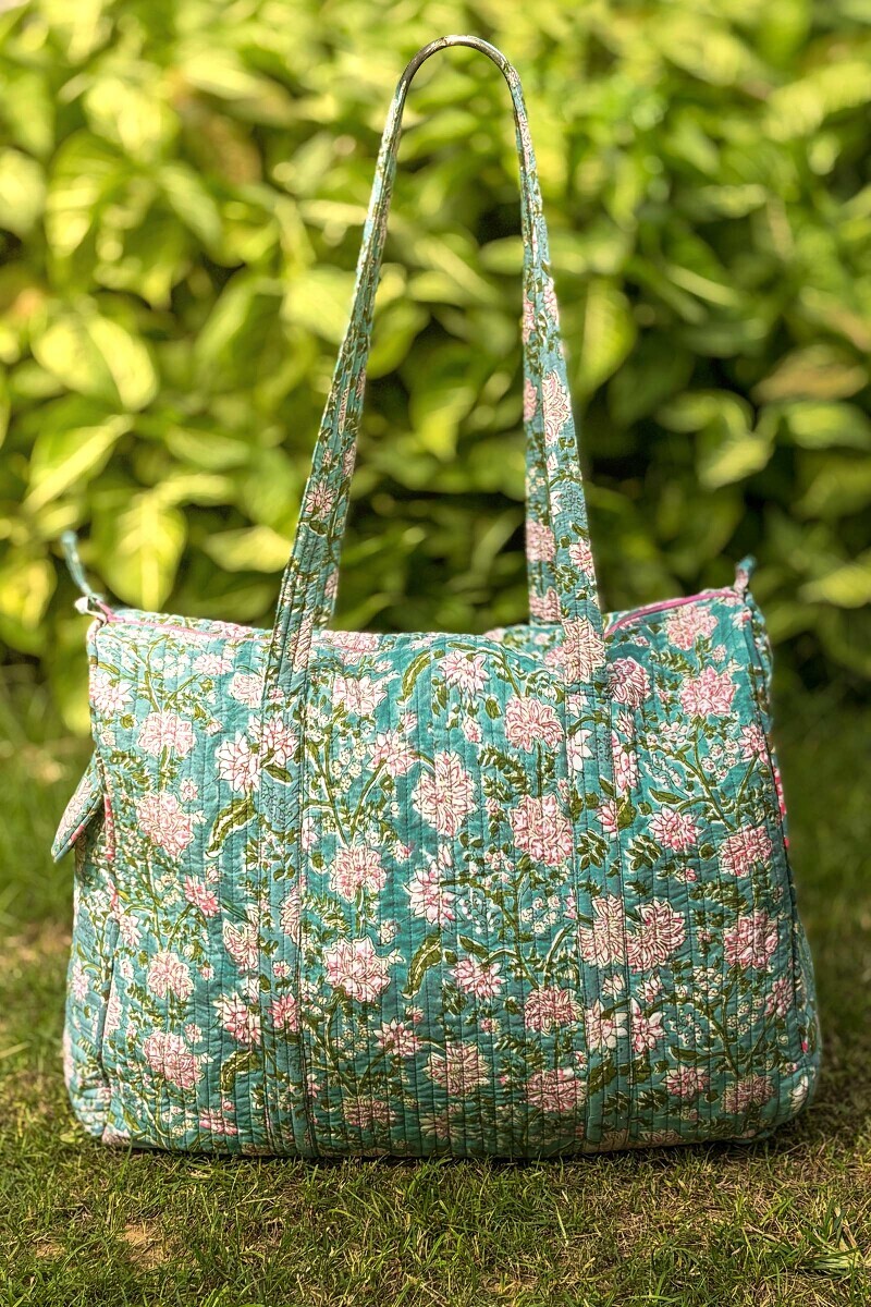 Blue Hand Block Printed Cotton Holdall Bag