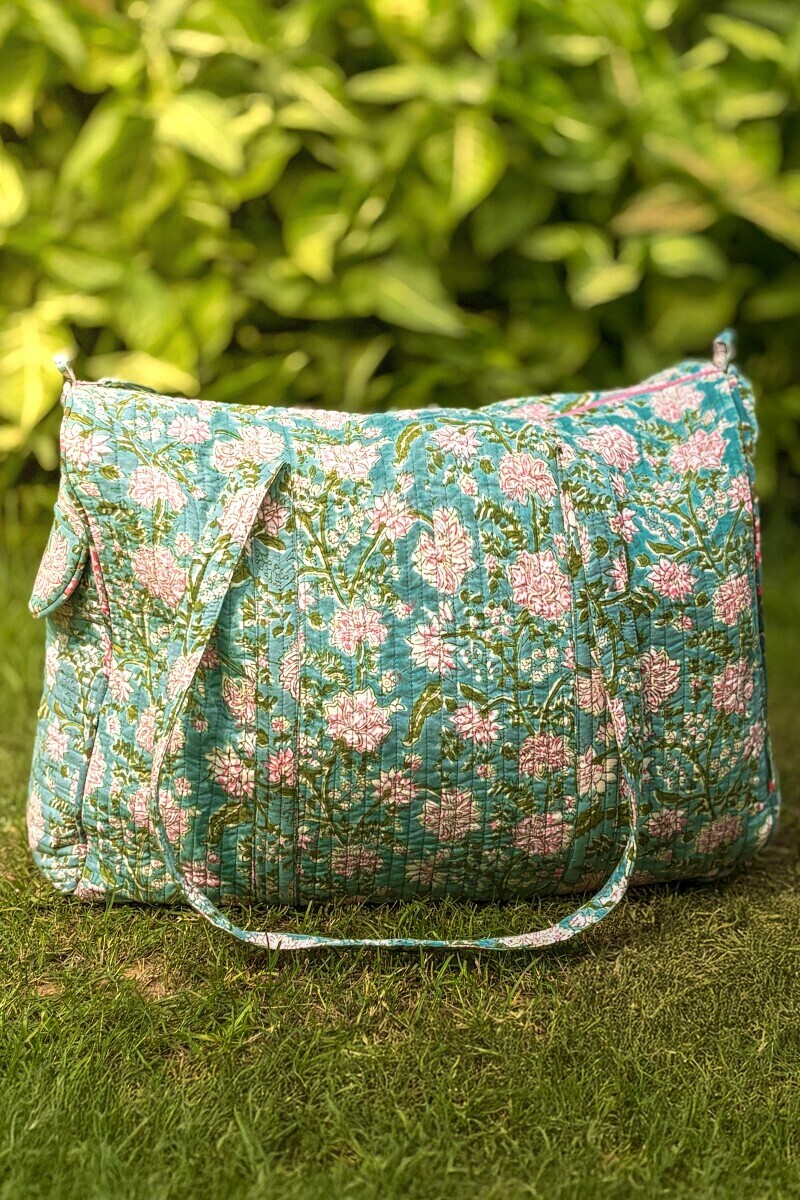 Blue Hand Block Printed Cotton Holdall Bag