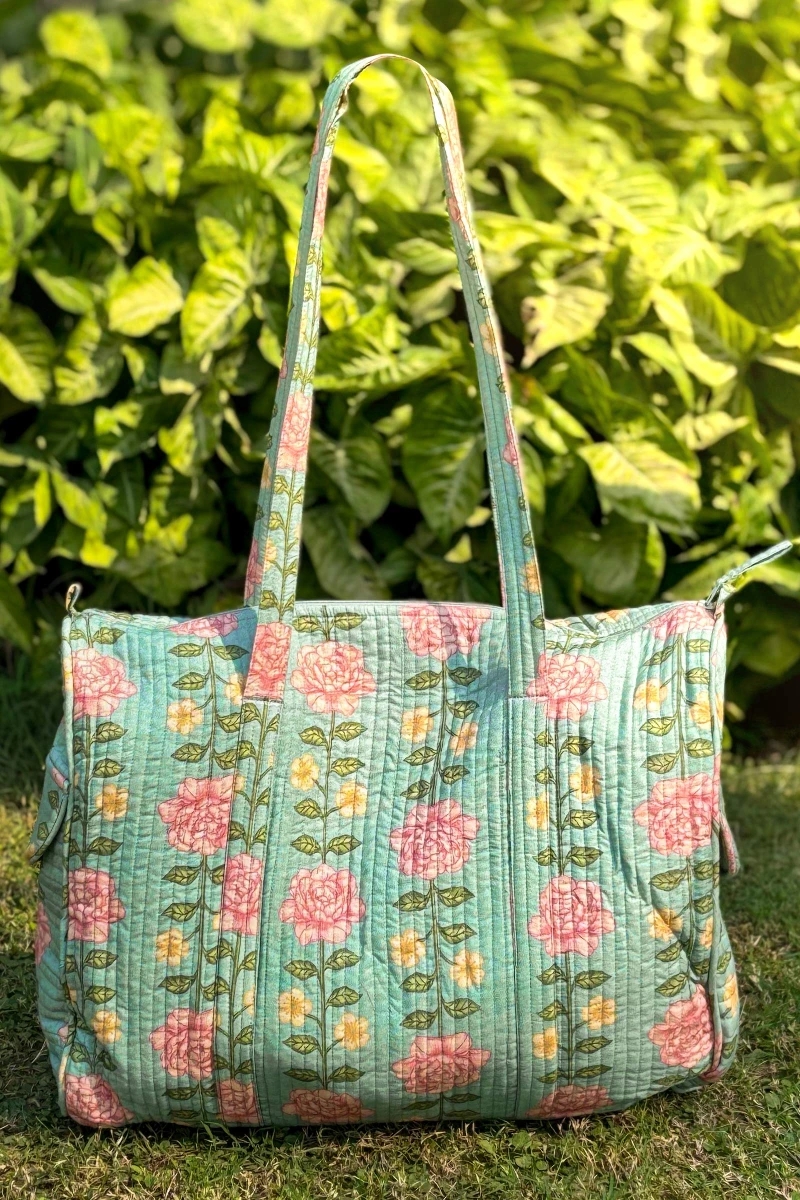 Blue Printed Cotton Holdall Bag