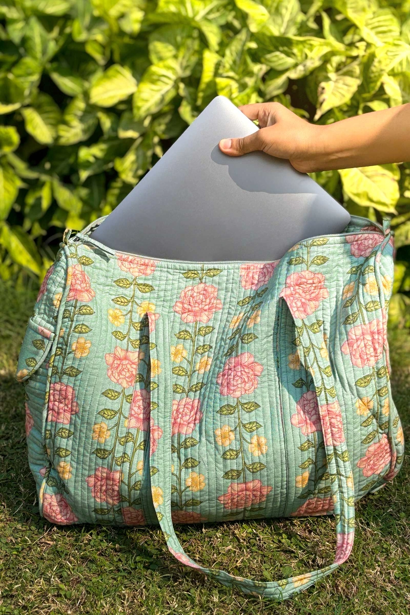 Blue Printed Cotton Holdall Bag