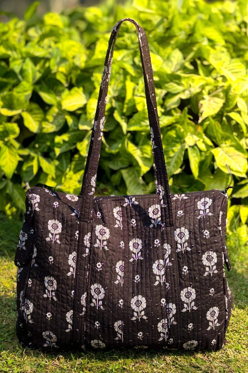 Black Hand Printed Cotton Dobby Holdall Bag