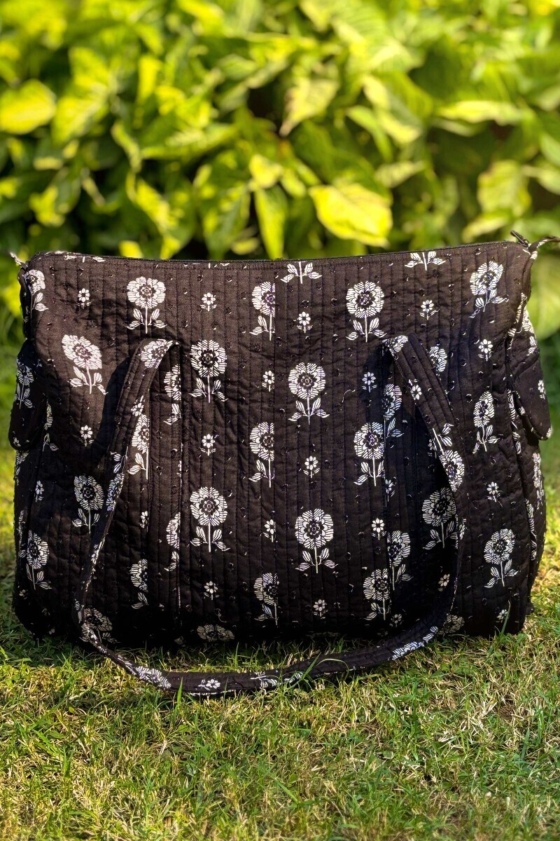 Black Hand Printed Cotton Dobby Holdall Bag