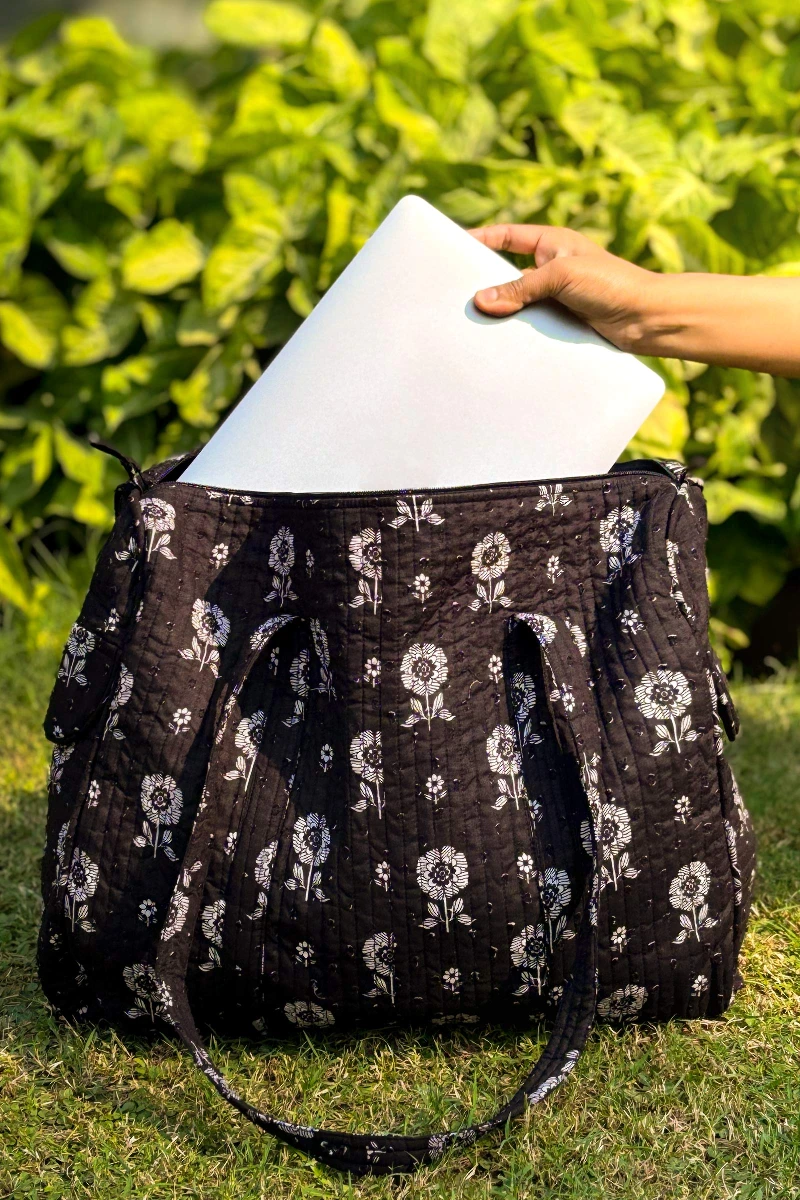 Black Hand Printed Cotton Dobby Holdall Bag