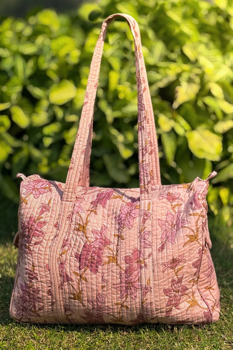Pink Hand Printed Cotton Dobby Holdall Bag
