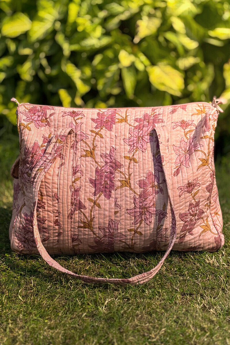 Pink Hand Printed Cotton Dobby Holdall Bag