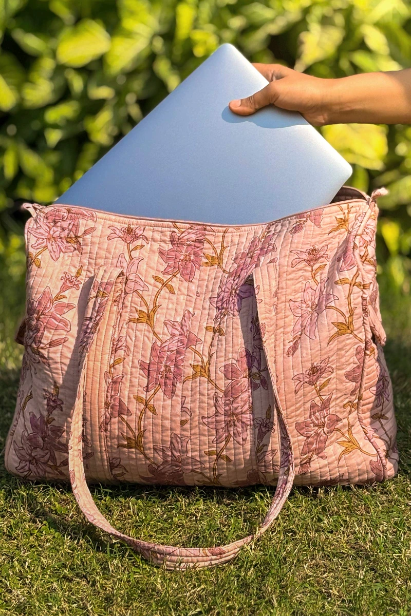 Pink Hand Printed Cotton Dobby Holdall Bag