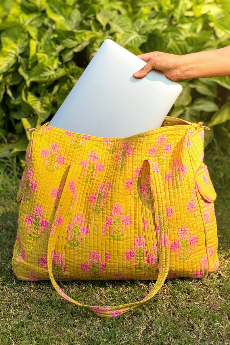 Yellow Printed Cotton Holdall Bag