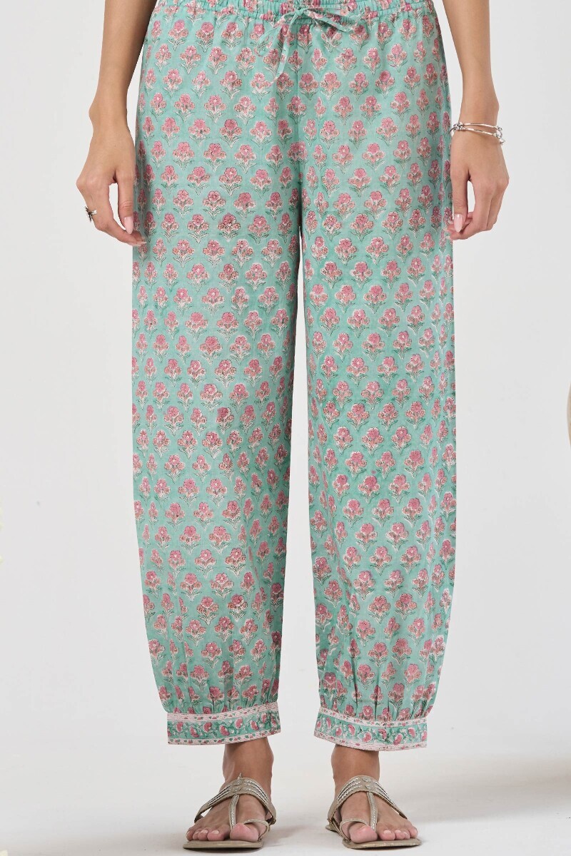 Green Hand Block Printed Cotton Izhaar Pants