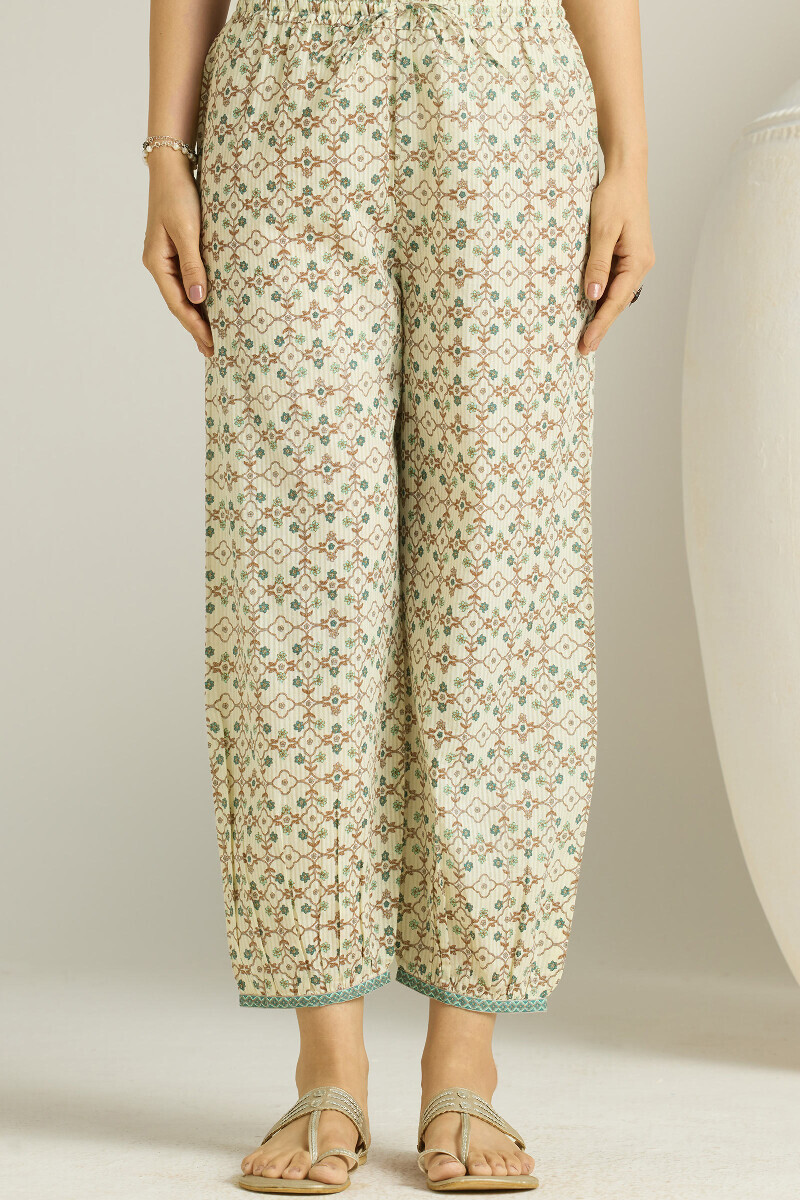 Cream Hand Printed Cotton Dobby Izhaar Pants