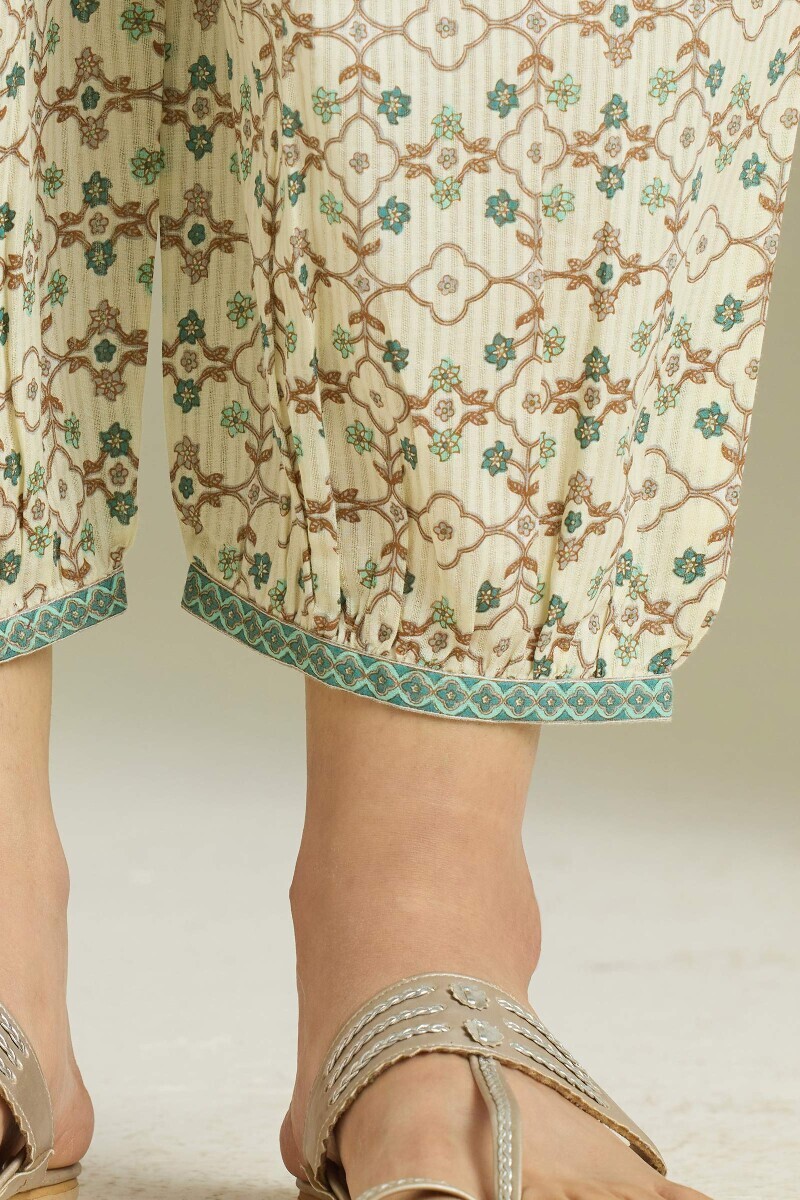Cream Hand Printed Cotton Dobby Izhaar Pants
