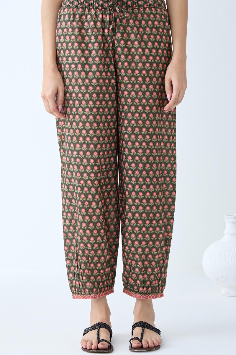 Green Printed Cotton Izhaar Pants