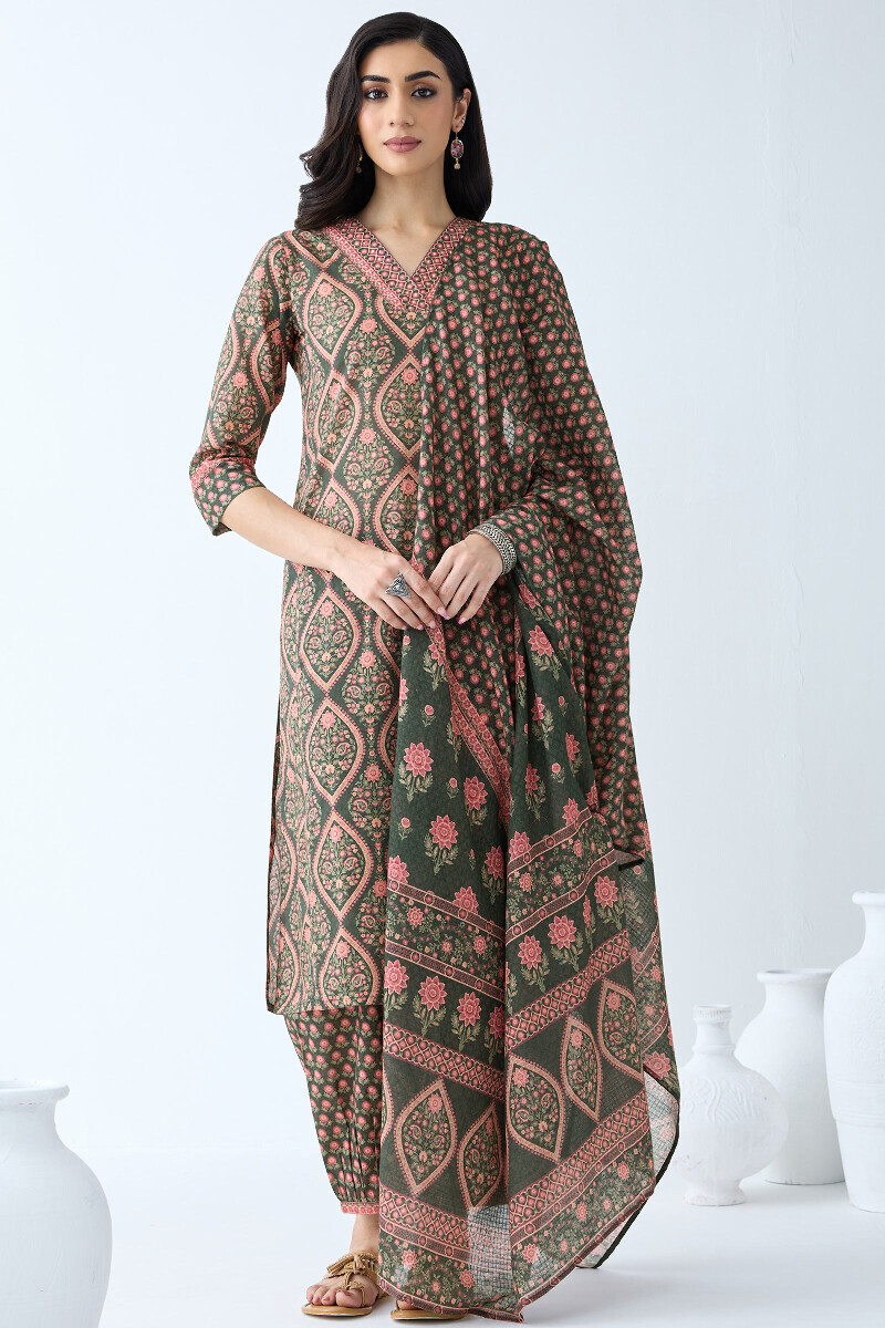 Green Printed Cotton Izhaar Pants