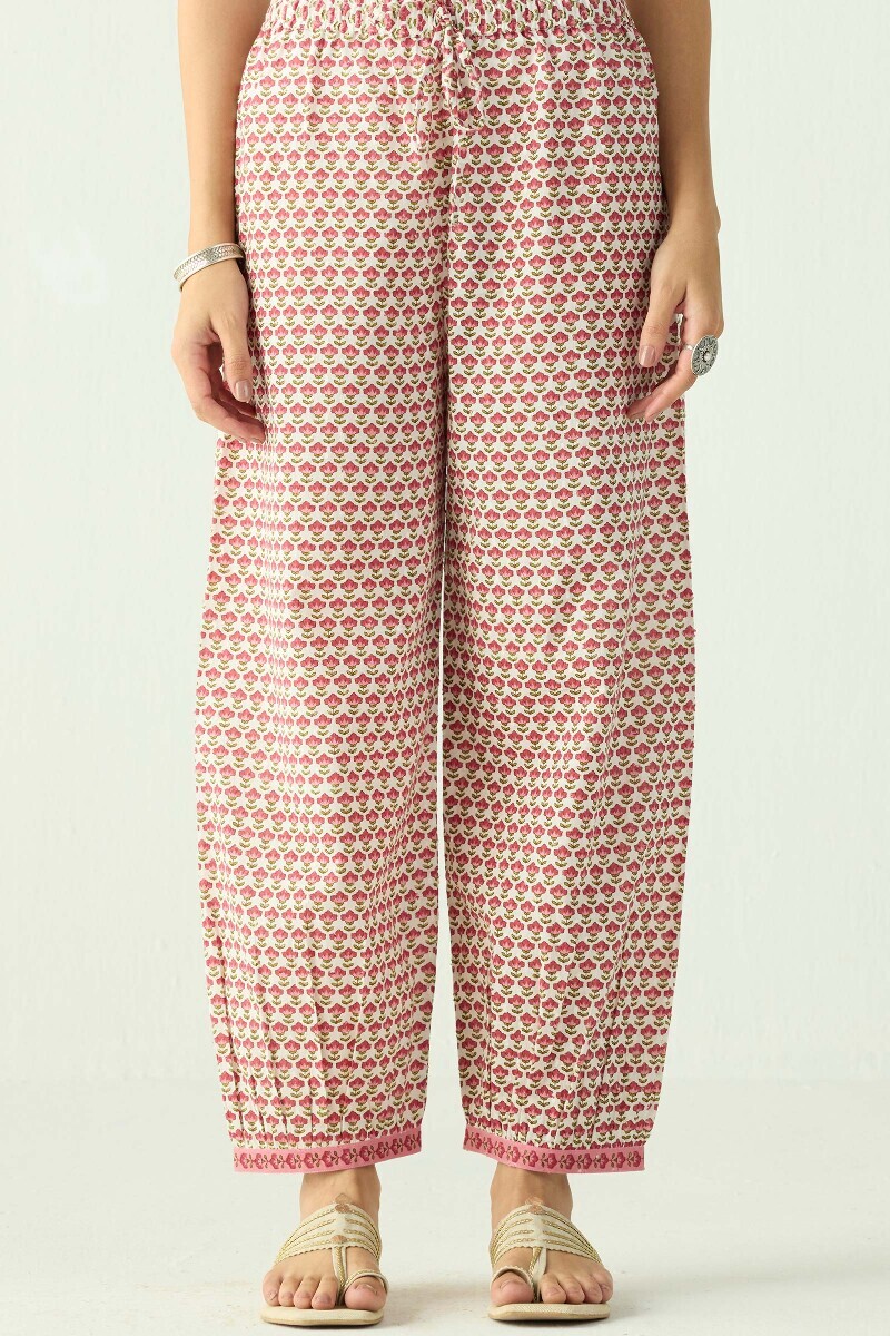 White Hand Printed Cotton Dobby Izhaar Pants