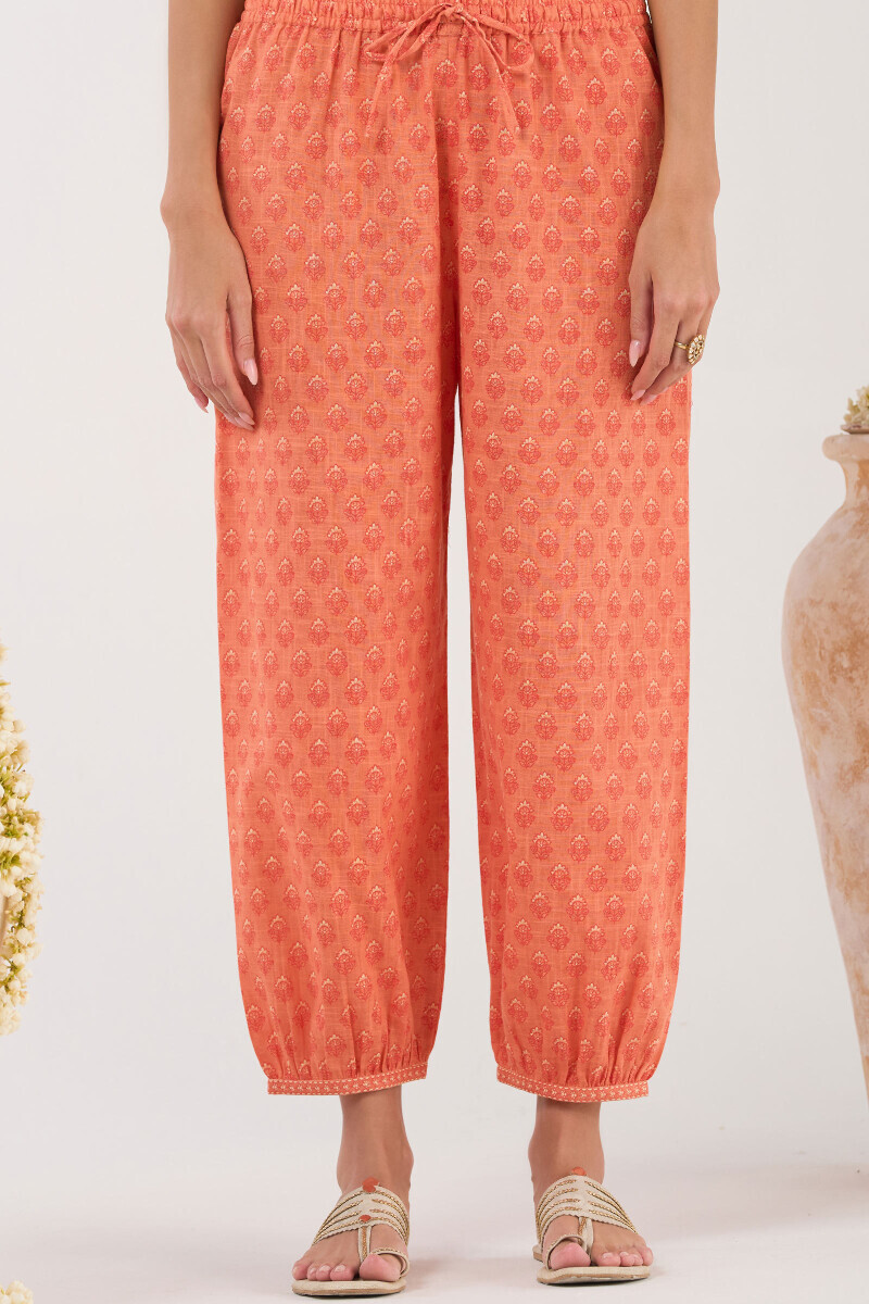 Orange Hand Printed Cotton Slub Izhaar Pants