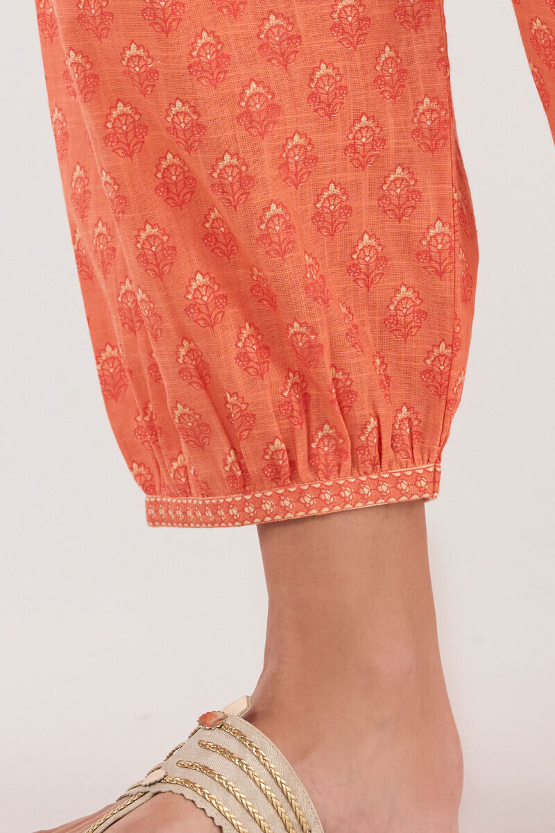 Orange Hand Printed Cotton Slub Izhaar Pants
