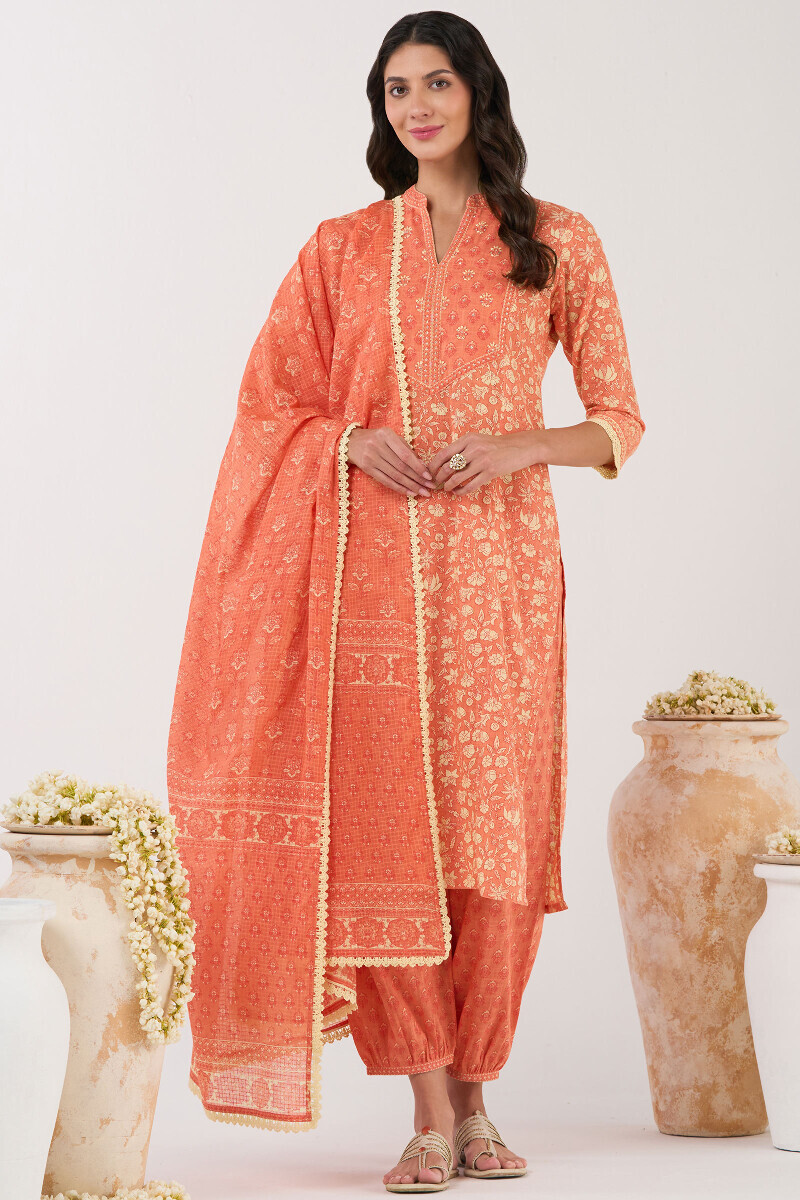 Orange Hand Printed Cotton Slub Izhaar Pants