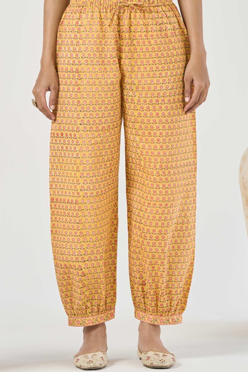 Yellow Hand Block Printed Cotton Slub Izhaar Pants