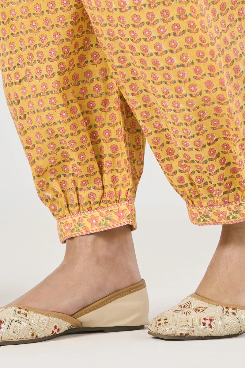 Yellow Hand Block Printed Cotton Slub Izhaar Pants