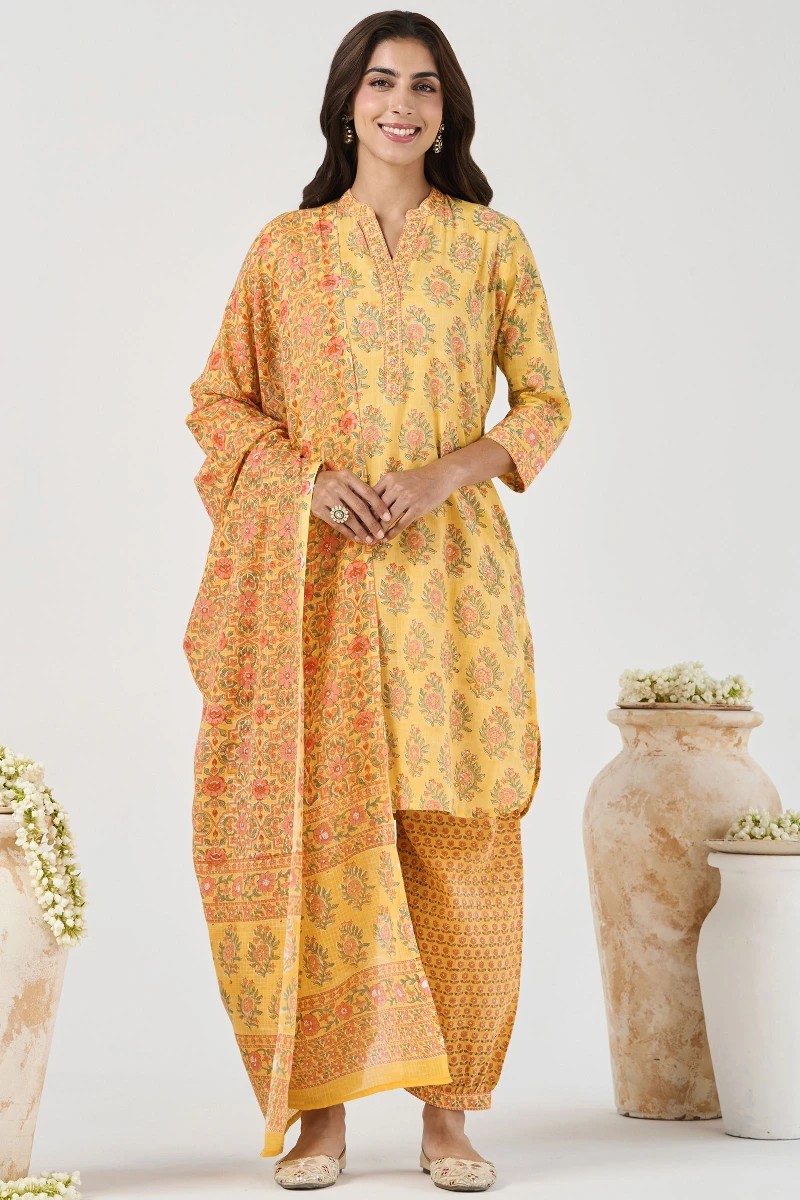 Yellow Hand Block Printed Cotton Slub Izhaar Pants