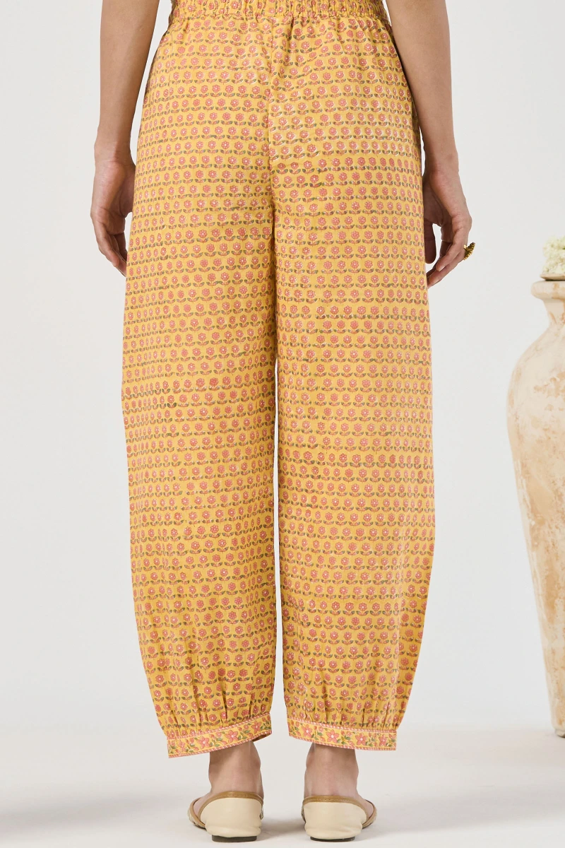 Yellow Hand Block Printed Cotton Slub Izhaar Pants