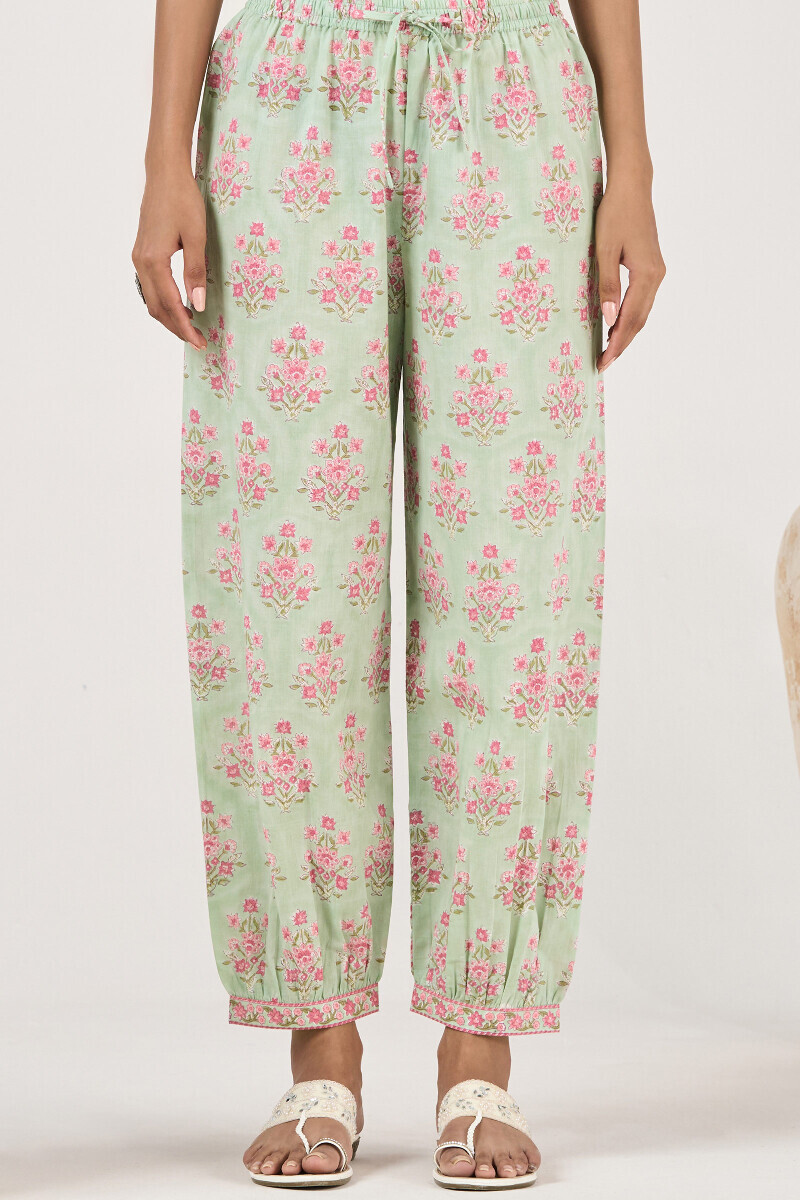 Green Hand Block Printed Cotton Izhaar Pants