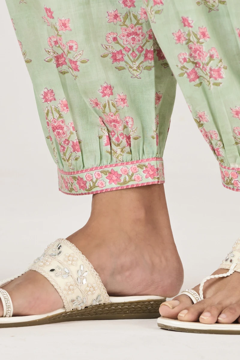 Green Hand Block Printed Cotton Izhaar Pants