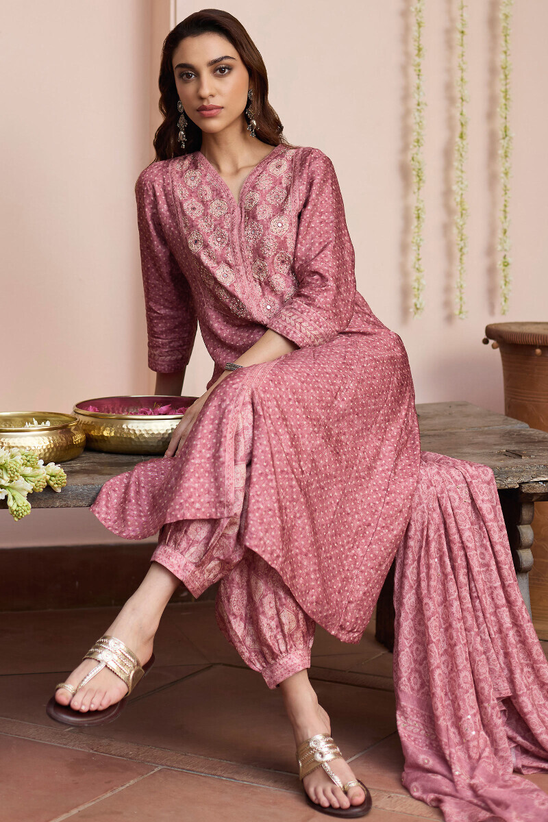 Pink Printed Dola Silk Izhaar Pants