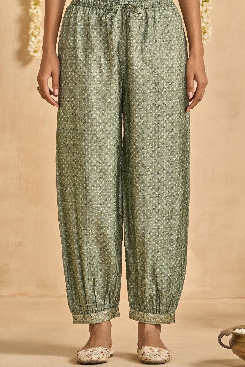 Green Printed Dola Silk Izhaar Pants