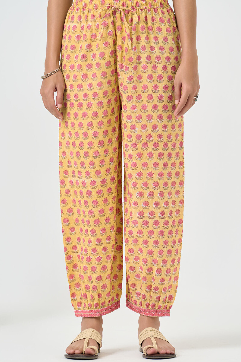 Yellow Hand Block Printed Ram Buta Izhaar Pants