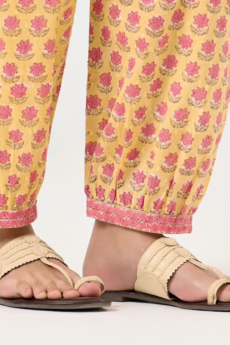 Yellow Hand Block Printed Ram Buta Izhaar Pants