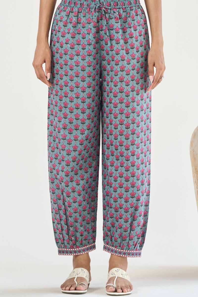 Blue Hand Printed Cotton Dobby Izhaar Pants