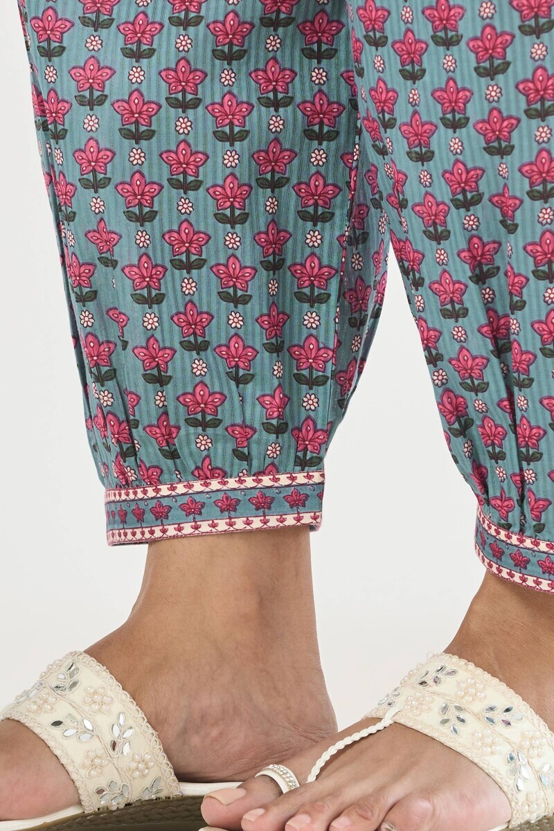 Blue Hand Printed Cotton Dobby Izhaar Pants