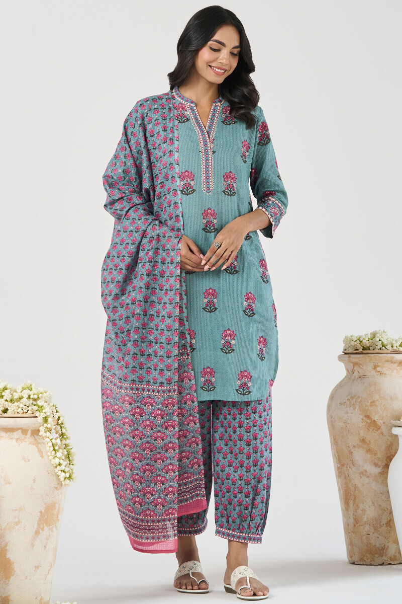 Blue Hand Printed Cotton Dobby Izhaar Pants