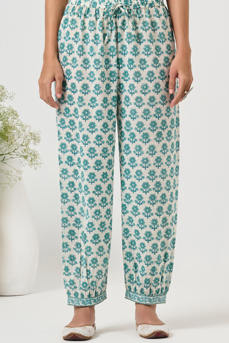 White Hand Block Printed Ram Buta Izhaar Pants