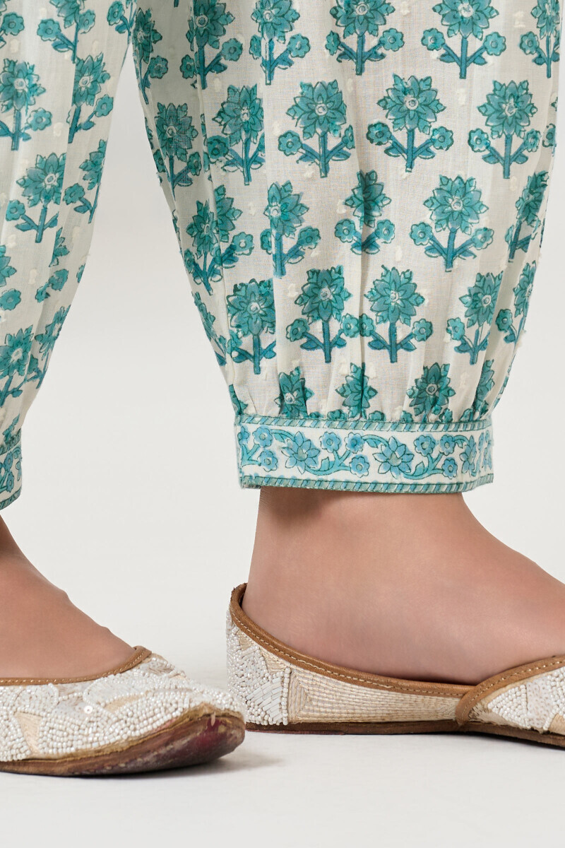 White Hand Block Printed Ram Buta Izhaar Pants